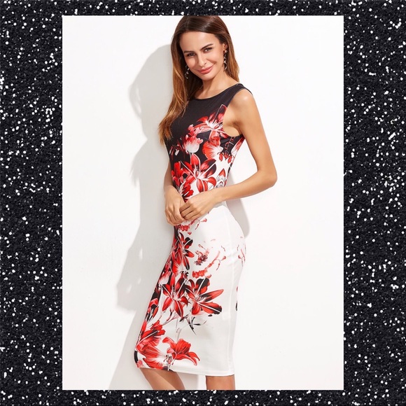 RED AND BLACK FLORAL PENCIL DRESS ***PRICE FIRM*** - Picture 3 of 6